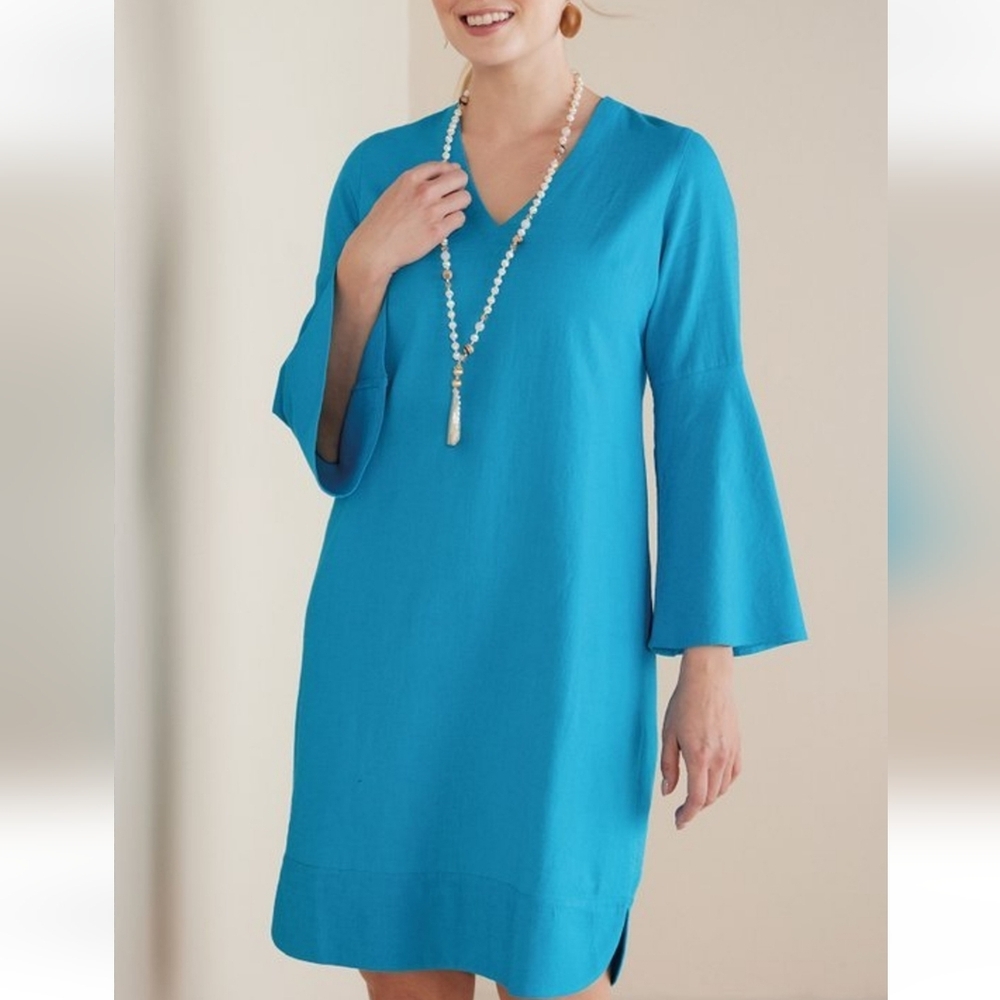 Soft Surroundings NWT Soleil Linen Blend Dress Blue V-Neck Mini Dress 3X